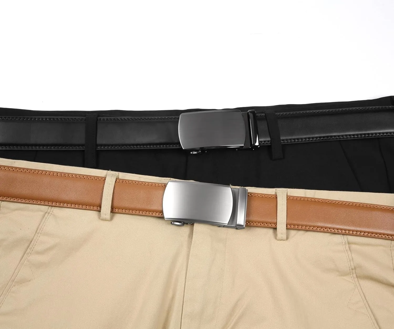 2 Pack Ratchet Belt 1 3/8", Mens leather Dress Belt in Gift Set Size 28"-62" Adjustable waist Trim to Fit