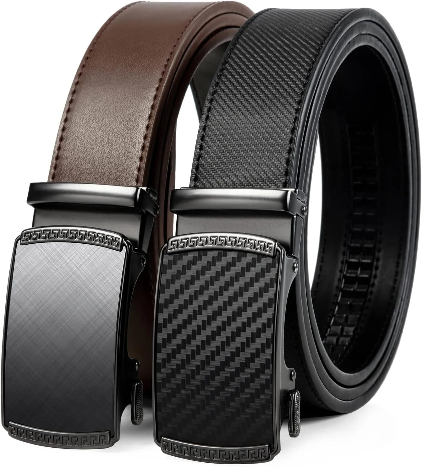 2 Pack Ratchet Belt 1 3/8", Mens leather Dress Belt in Gift Set Size 28"-62" Adjustable waist Trim to Fit