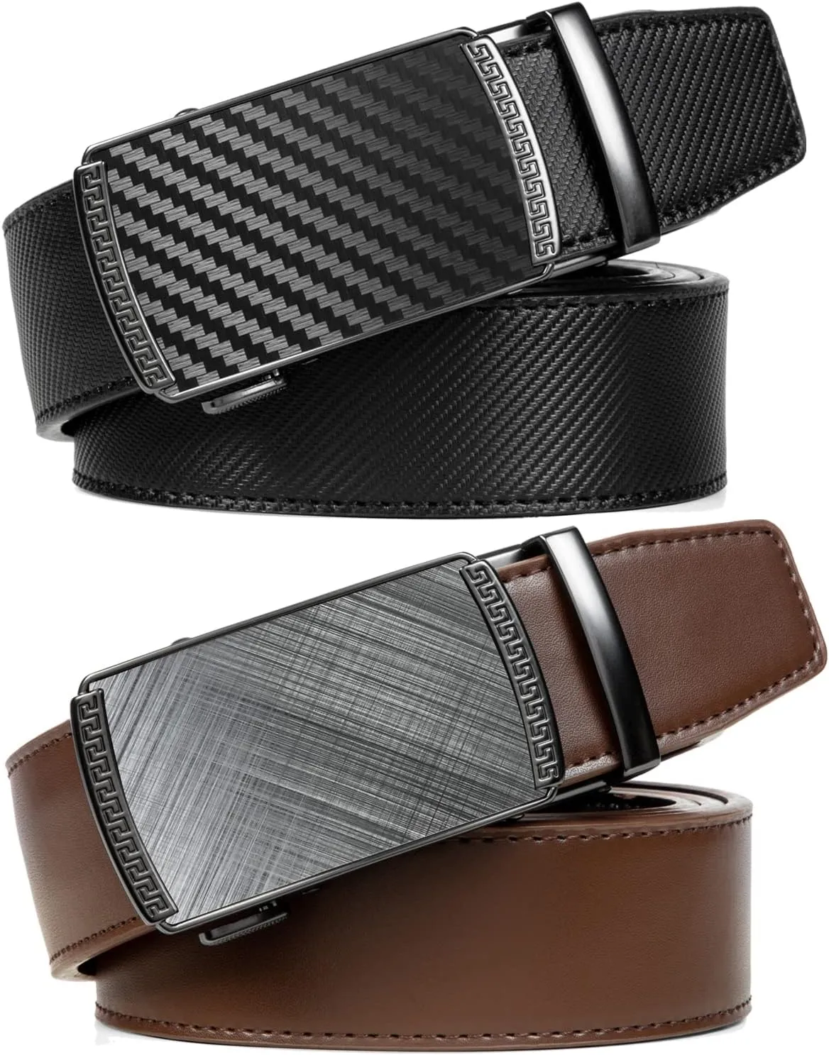 2 Pack Ratchet Belt 1 3/8", Mens leather Dress Belt in Gift Set Size 28"-62" Adjustable waist Trim to Fit