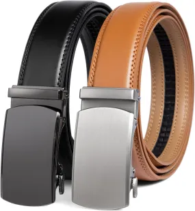 2 Pack Ratchet Belt 1 3/8", Mens leather Dress Belt in Gift Set Size 28"-62" Adjustable waist Trim to Fit