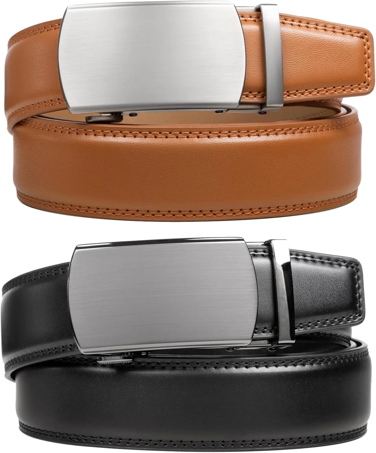 2 Pack Ratchet Belt 1 3/8", Mens leather Dress Belt in Gift Set Size 28"-62" Adjustable waist Trim to Fit