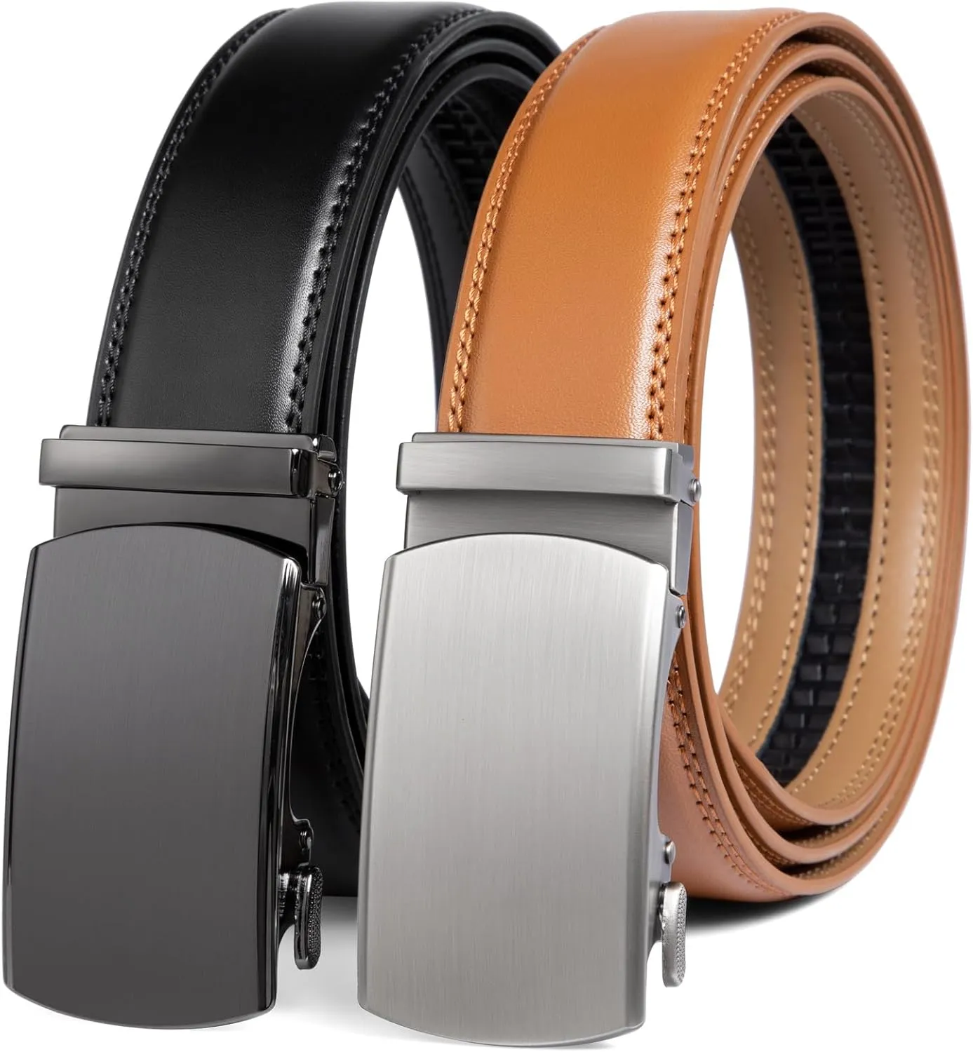 2 Pack Ratchet Belt 1 3/8", Mens leather Dress Belt in Gift Set Size 28"-62" Adjustable waist Trim to Fit