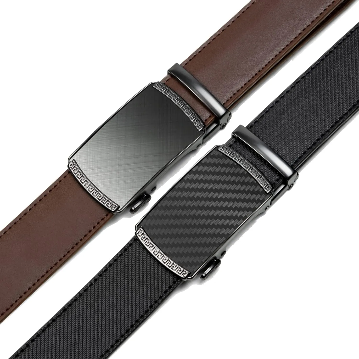 2 Pack Ratchet Belt 1 3/8", Mens leather Dress Belt in Gift Set Size 28"-62" Adjustable waist Trim to Fit
