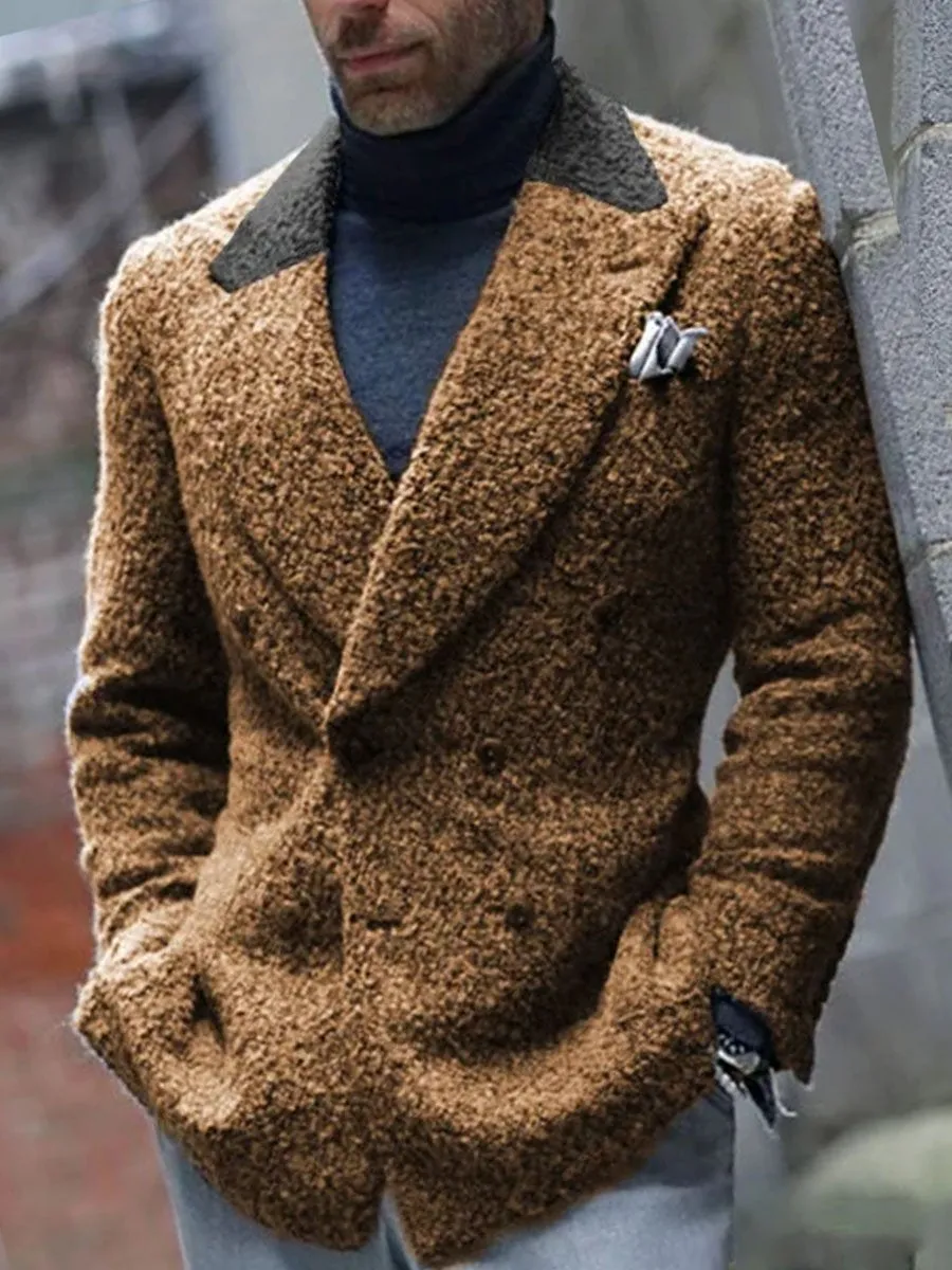 【24-hour shipping】Vintage Sherpa Contrast Stitching Double Pocket Casual Retro Lapel Blazer