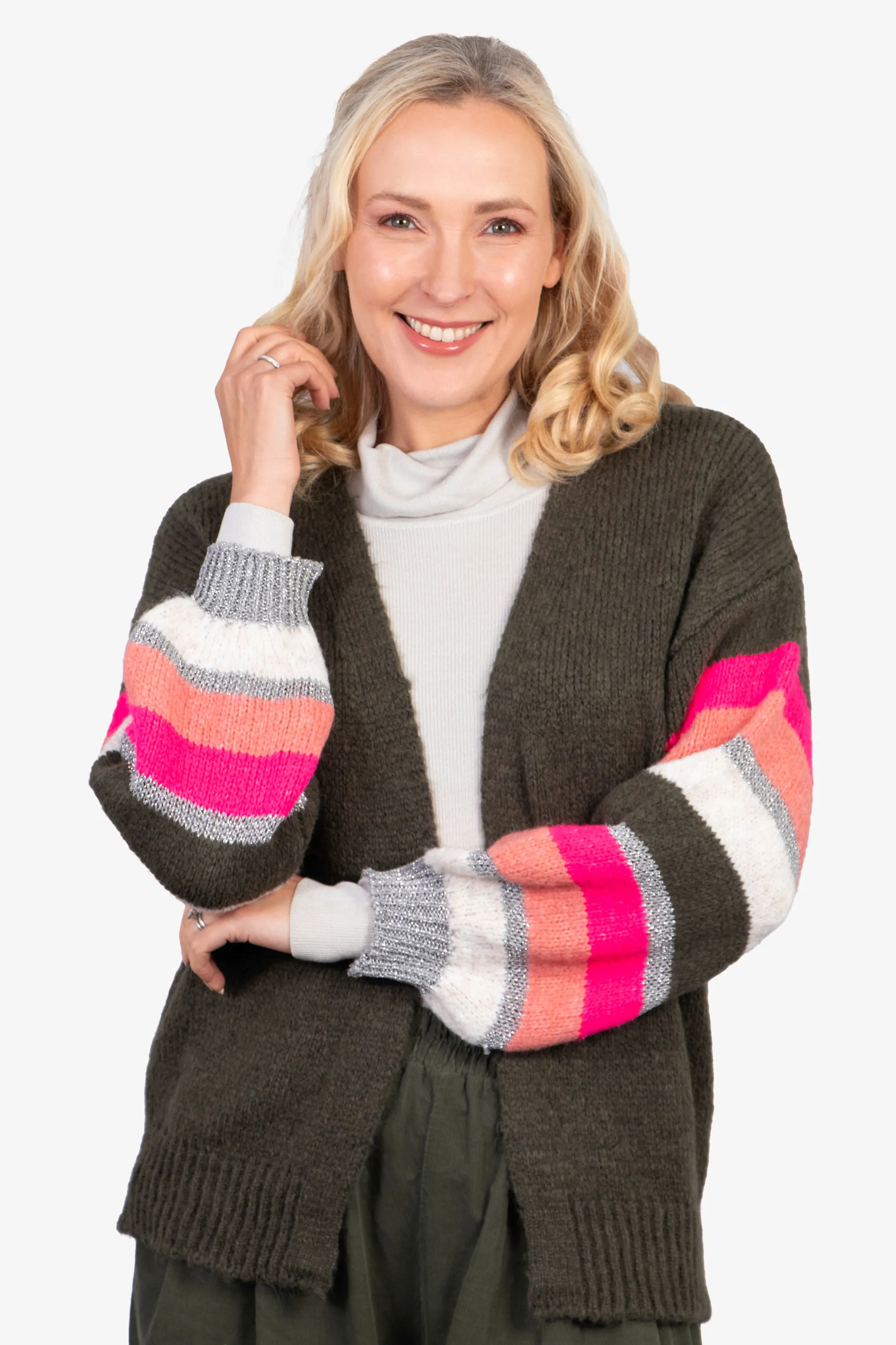 April Balloon Sleeve Cardigan - Khaki/Pink, Colourblock