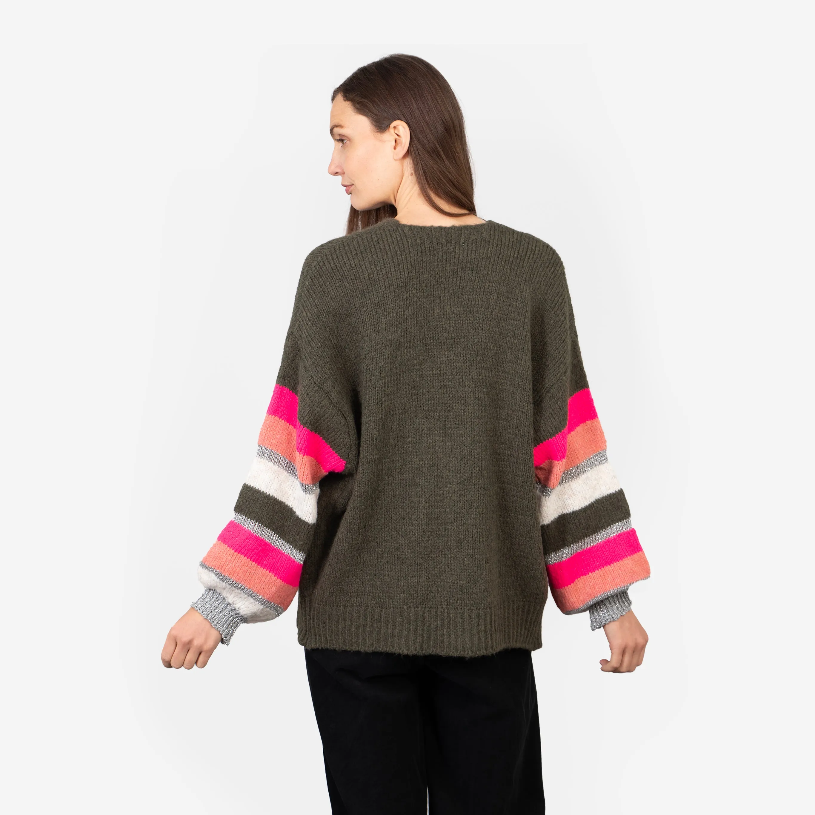 April Balloon Sleeve Cardigan - Khaki/Pink, Colourblock