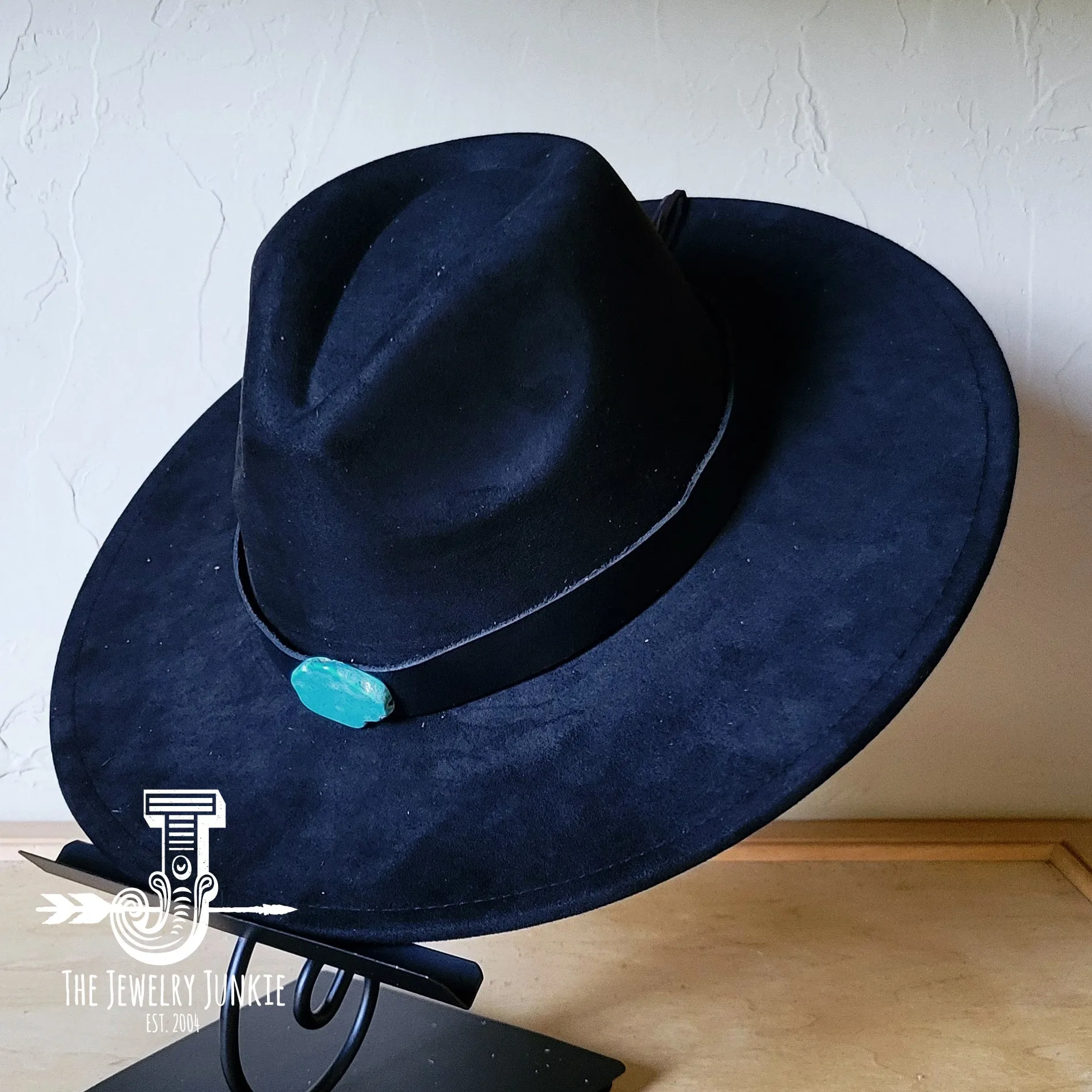 Black Leather Hat Band w/ Turquoise Slab   Choice of Boho Hat