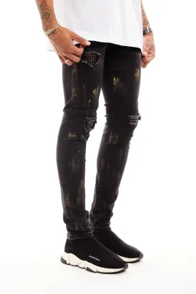 Black Stretchy Denim W/Gold Stones - Black (DMT-C-13B)
