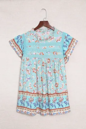 Boho Floral Print Flutter Sleeve Top in Aqua