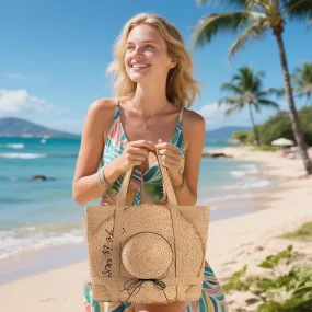 Boho Straw Beach Tote Bag with Zipper for Women, Summer Travel Bag with Hat Holder, Large Woven Bag for Vacation