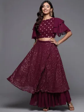 Burgundy Sequinned Georgette Lehenga Set