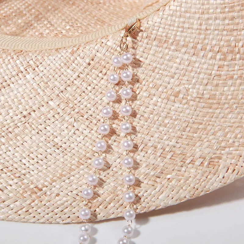 Double Chain Strap Fedora Hat for Women - Summer Sun Hats with Neck Pearls - Sunshade Beach Hat - Raffia Wedding Hat