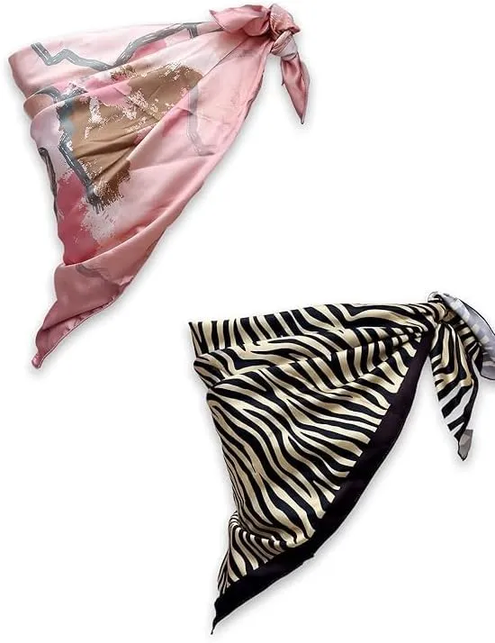 Four Leaf Women's Polyester Satin Silk Square Printed Scarf Pack of 2