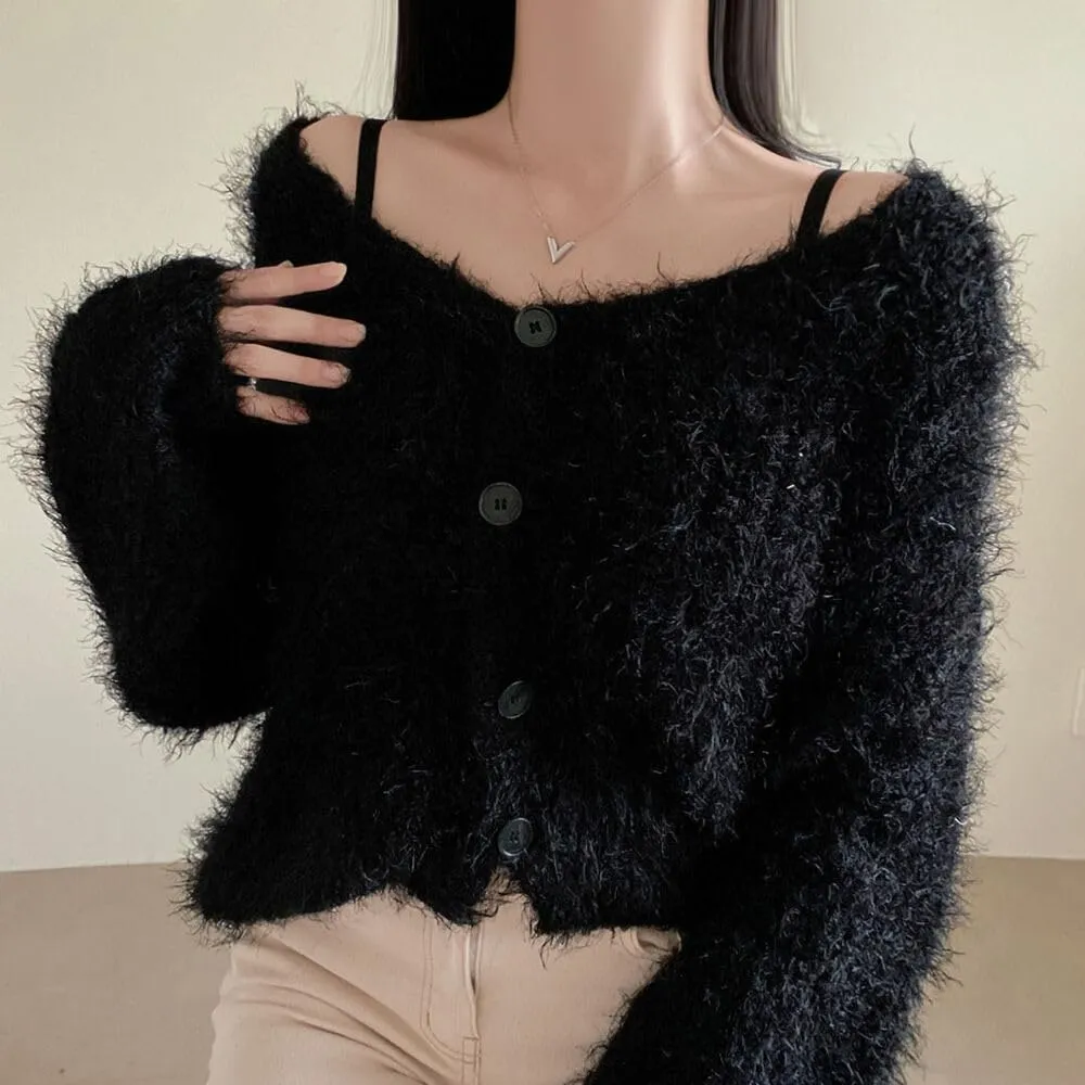 Fuzzy Mohair Cropped Cardigan Women Coquette Soft Warm Cardigan Trendy Fall Open Front Cardigan Sweaters