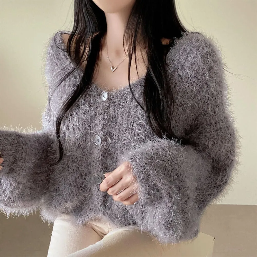 Fuzzy Mohair Cropped Cardigan Women Coquette Soft Warm Cardigan Trendy Fall Open Front Cardigan Sweaters
