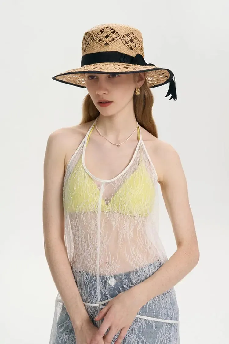 Handmade Crochet Wide-Brim Straw Hat with Ribbon
