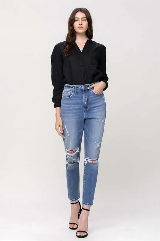 Hollow Super High Rise Stretchy Distressed Mom Jeans
