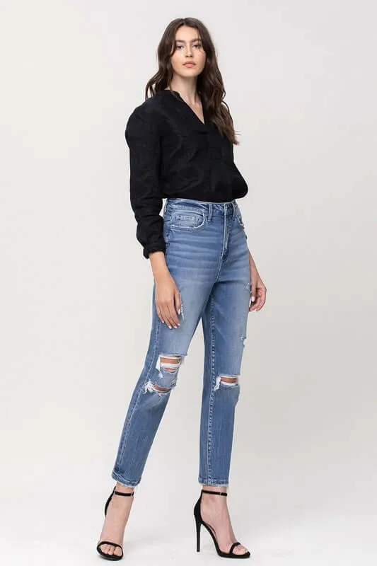 Hollow Super High Rise Stretchy Distressed Mom Jeans