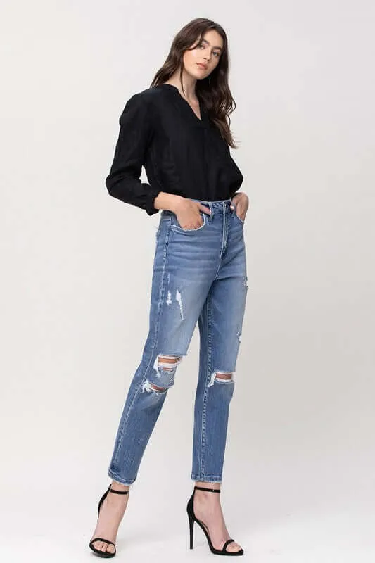 Hollow Super High Rise Stretchy Distressed Mom Jeans
