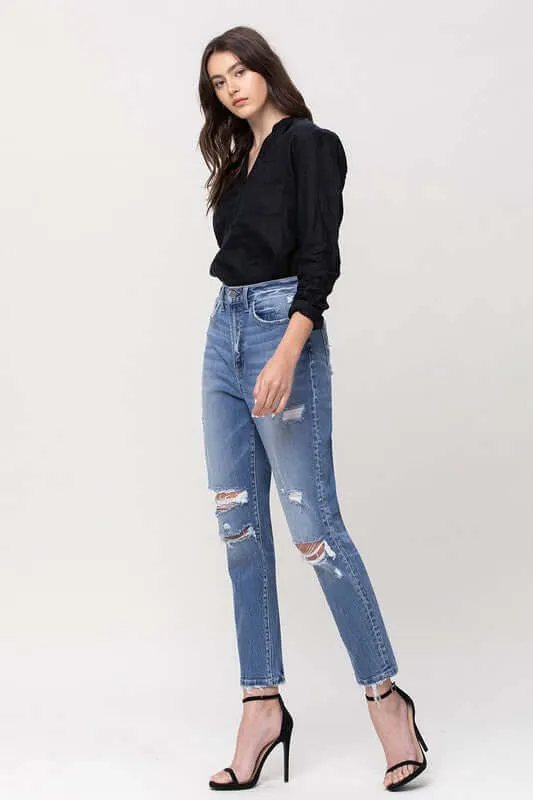 Hollow Super High Rise Stretchy Distressed Mom Jeans