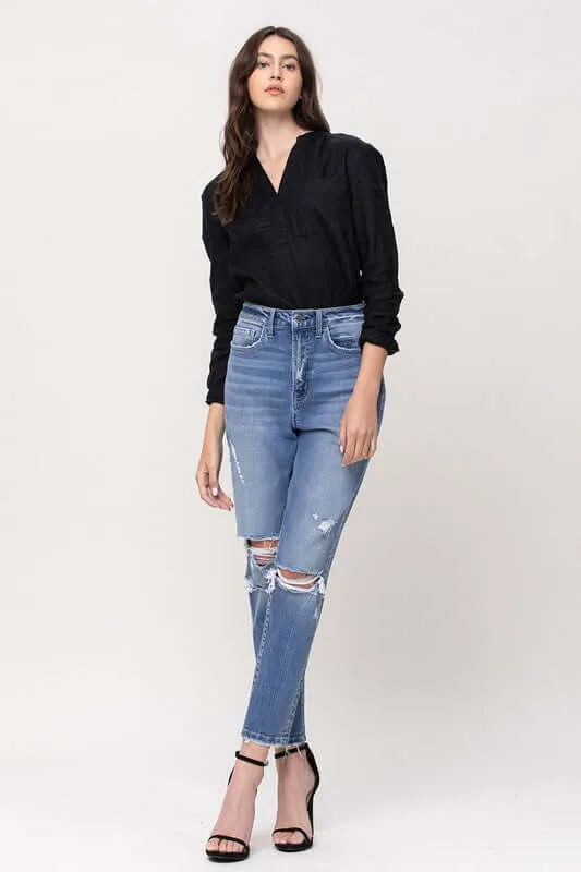 Hollow Super High Rise Stretchy Distressed Mom Jeans