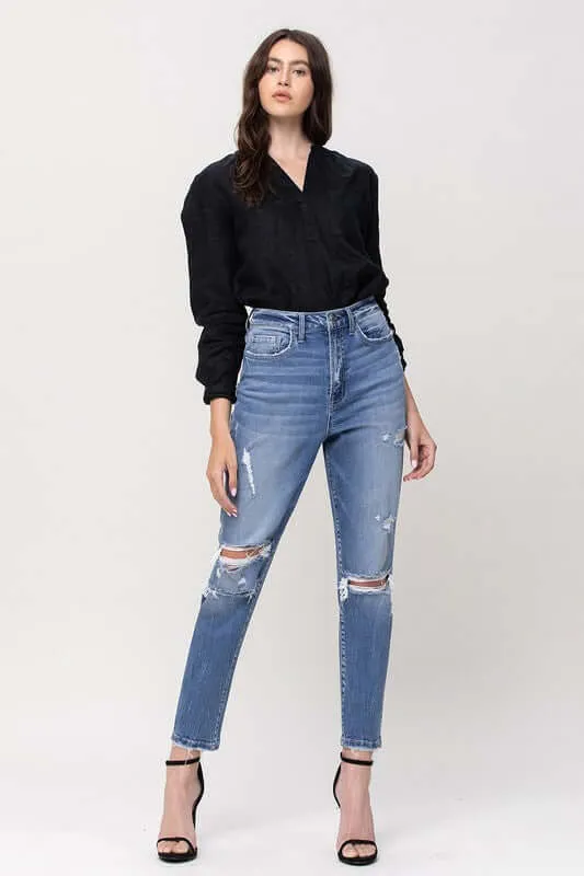 Hollow Super High Rise Stretchy Distressed Mom Jeans