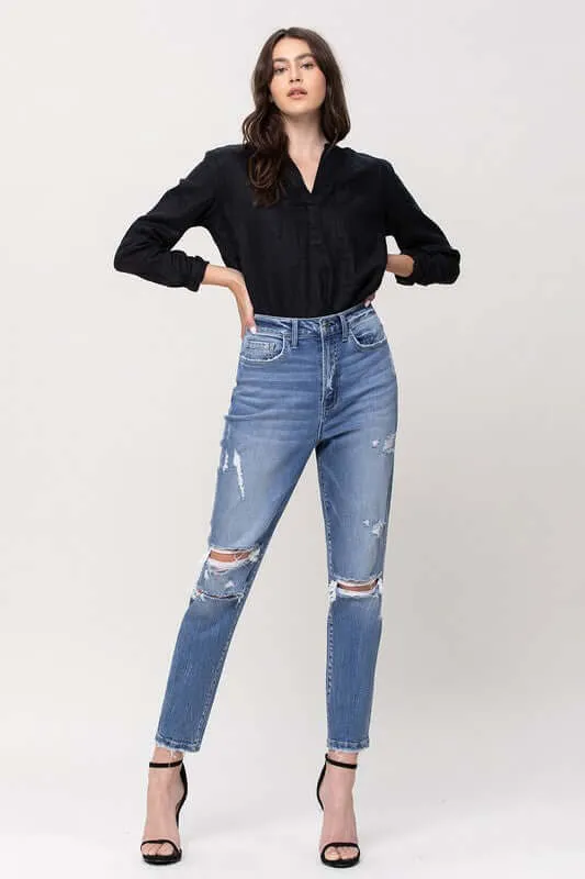Hollow Super High Rise Stretchy Distressed Mom Jeans