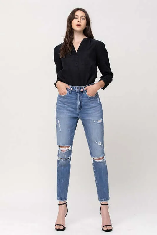 Hollow Super High Rise Stretchy Distressed Mom Jeans
