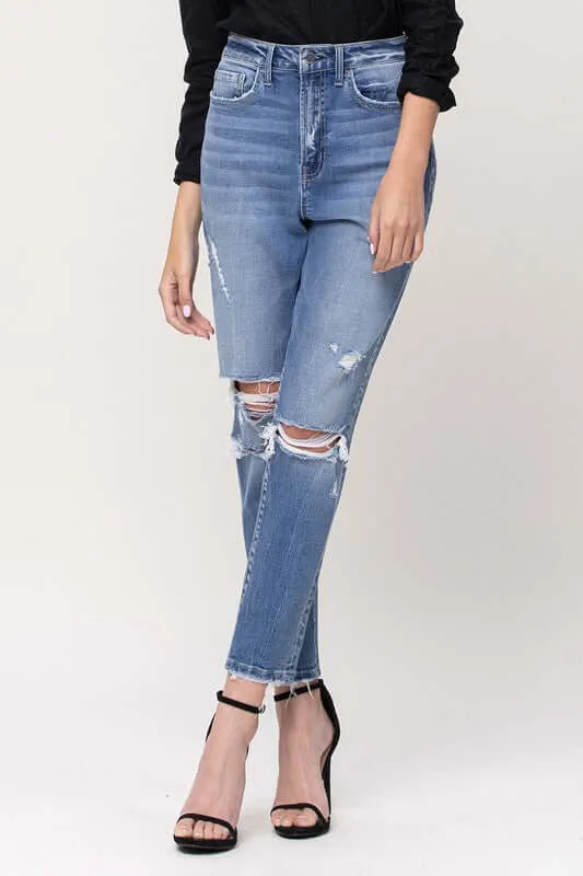 Hollow Super High Rise Stretchy Distressed Mom Jeans