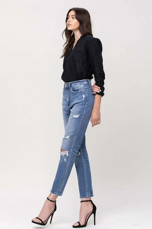 Hollow Super High Rise Stretchy Distressed Mom Jeans