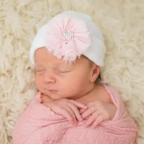 ilybean Pink Hat with a White Fairy Frayed Flower - Newborn Girl Hat