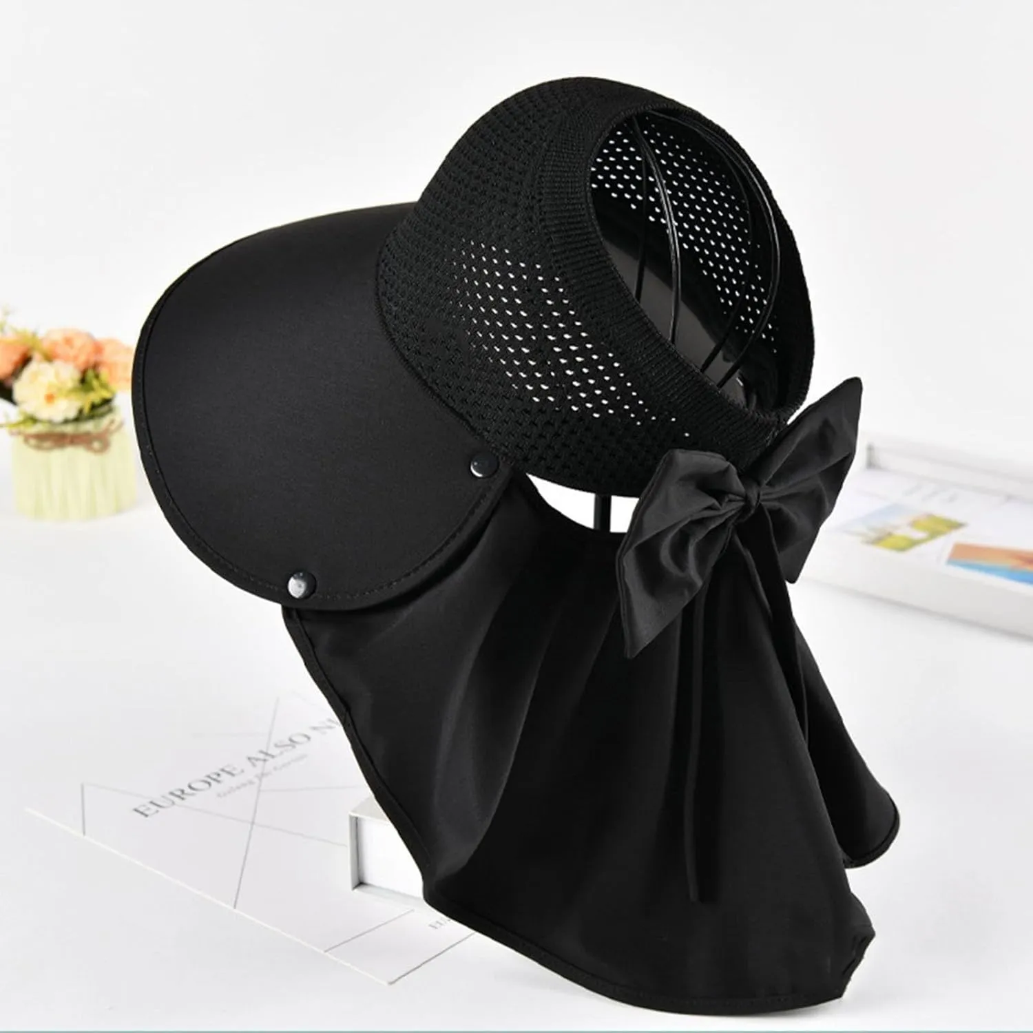 Large-Brim Hollow Sunscreen Hat with Removable Neck Flap,Wide Brim UV Protection Sun Hat,Summer Beach Visor for Women