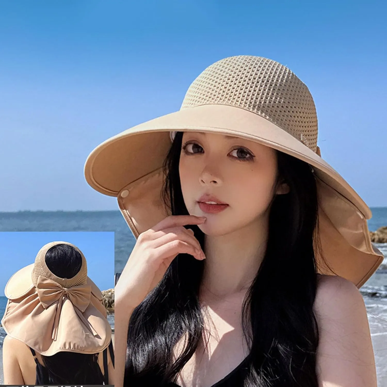Large-Brim Hollow Sunscreen Hat with Removable Neck Flap,Wide Brim UV Protection Sun Hat,Summer Beach Visor for Women