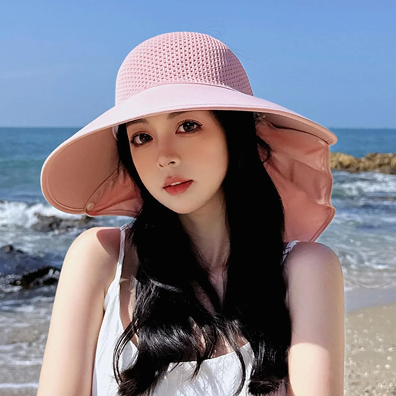 Large-Brim Hollow Sunscreen Hat with Removable Neck Flap,Wide Brim UV Protection Sun Hat,Summer Beach Visor for Women