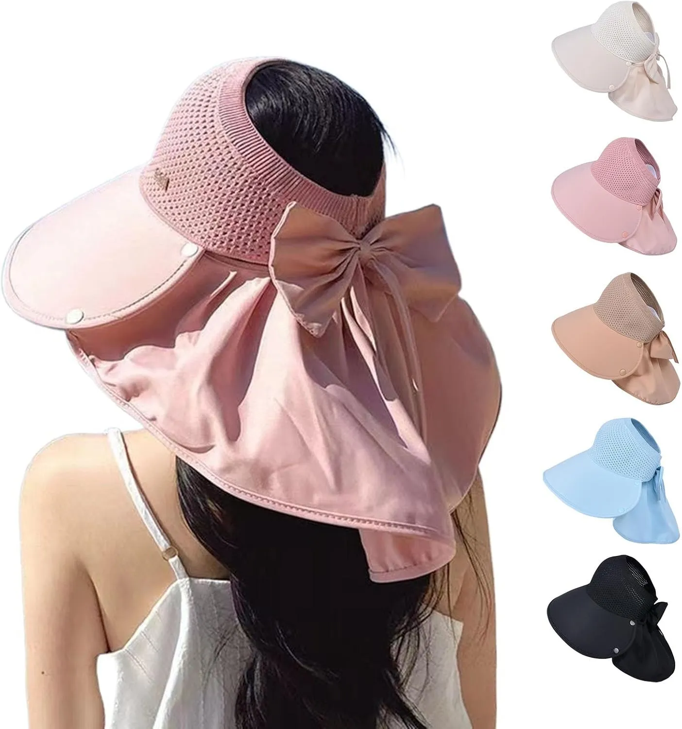 Large-Brim Hollow Sunscreen Hat with Removable Neck Flap,Wide Brim UV Protection Sun Hat,Summer Beach Visor for Women