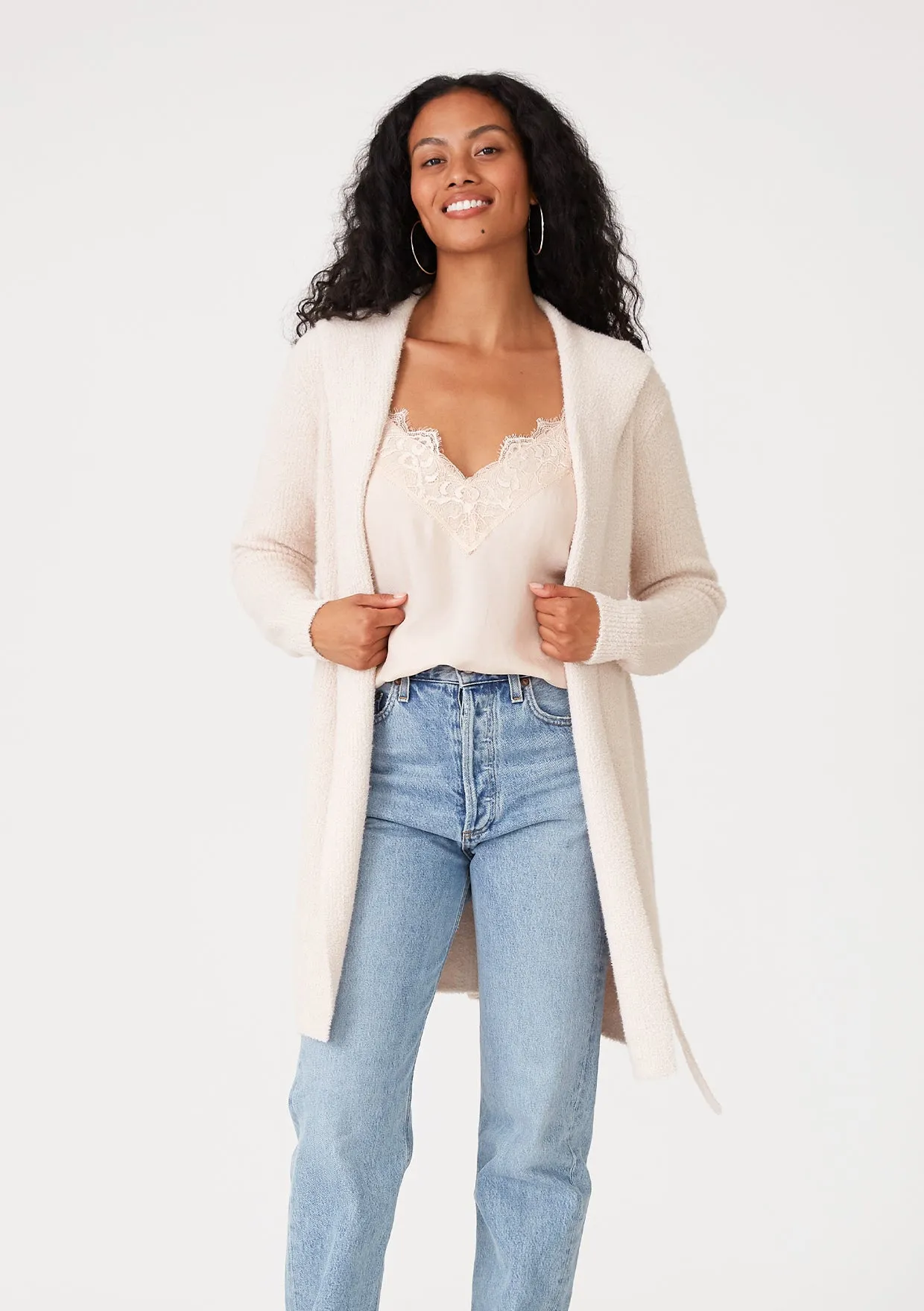 Long Sleeve Belted Teddy Hooded Cardigan