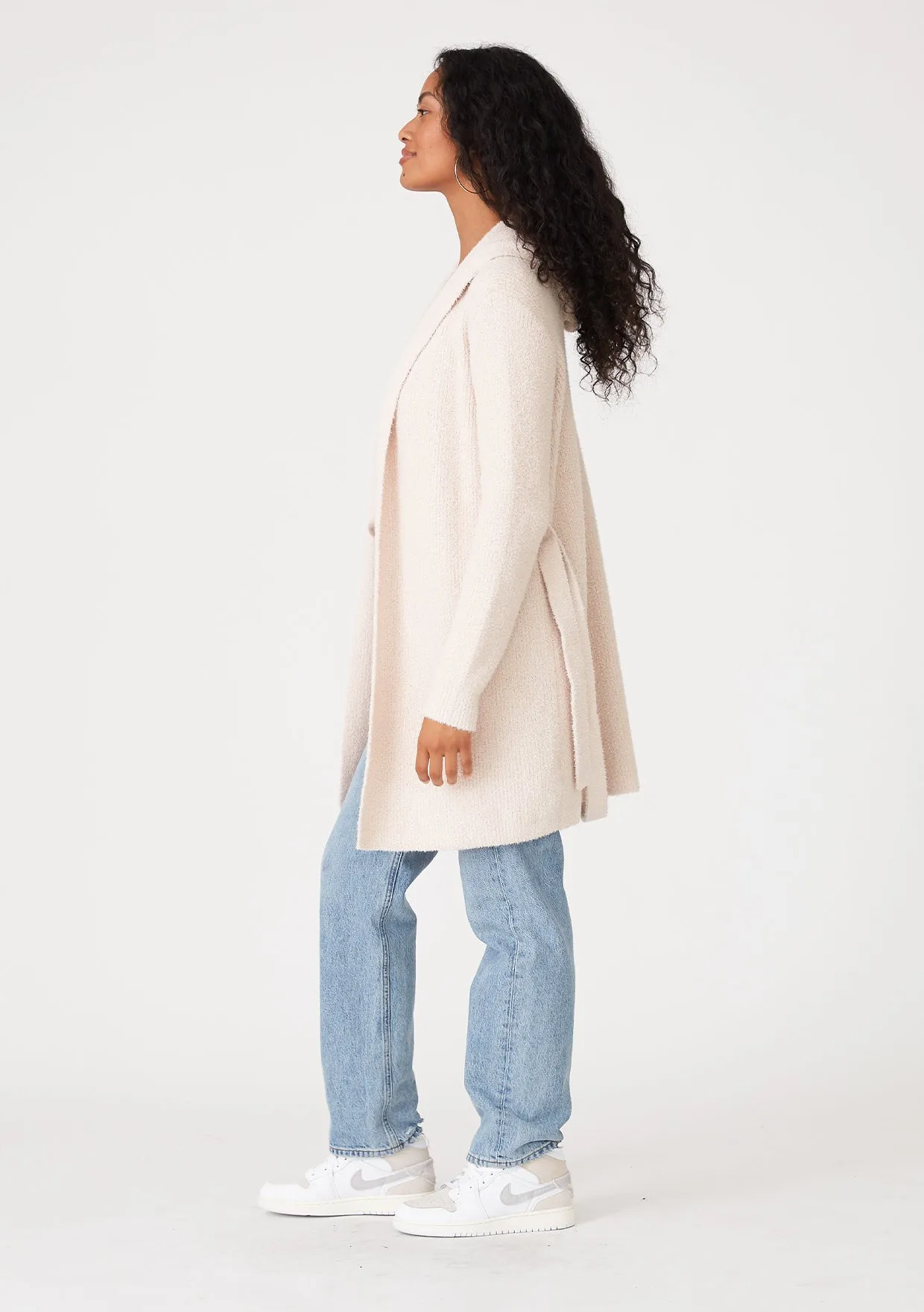 Long Sleeve Belted Teddy Hooded Cardigan