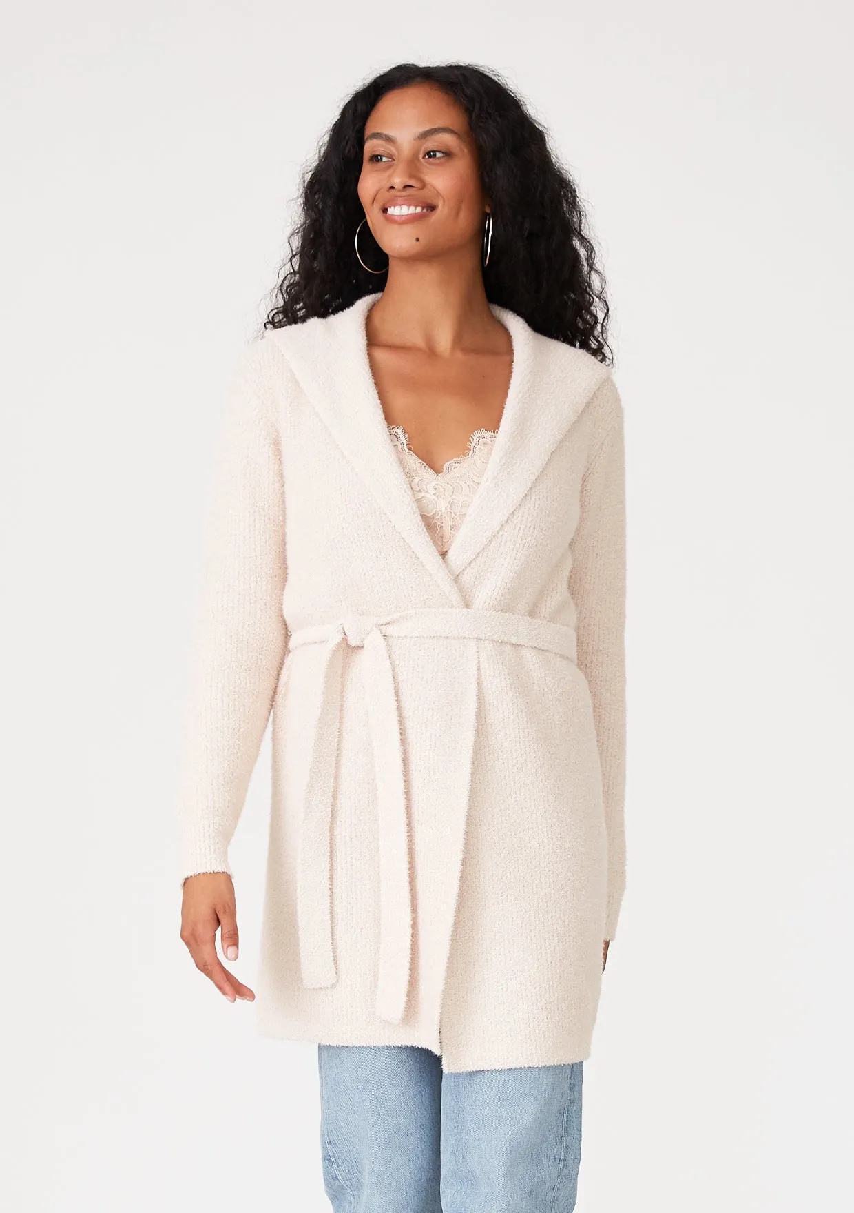 Long Sleeve Belted Teddy Hooded Cardigan