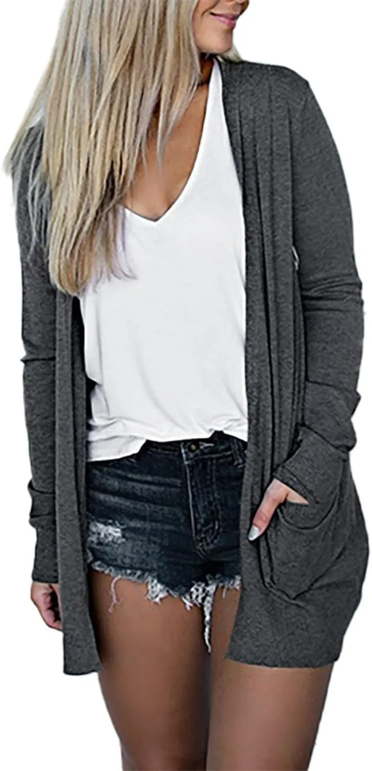 Long Sleeve Cardigan for Women Fall Open Front Kimono Sweatshrits with Pockets Soft Casual Losoe Outwear Shirts