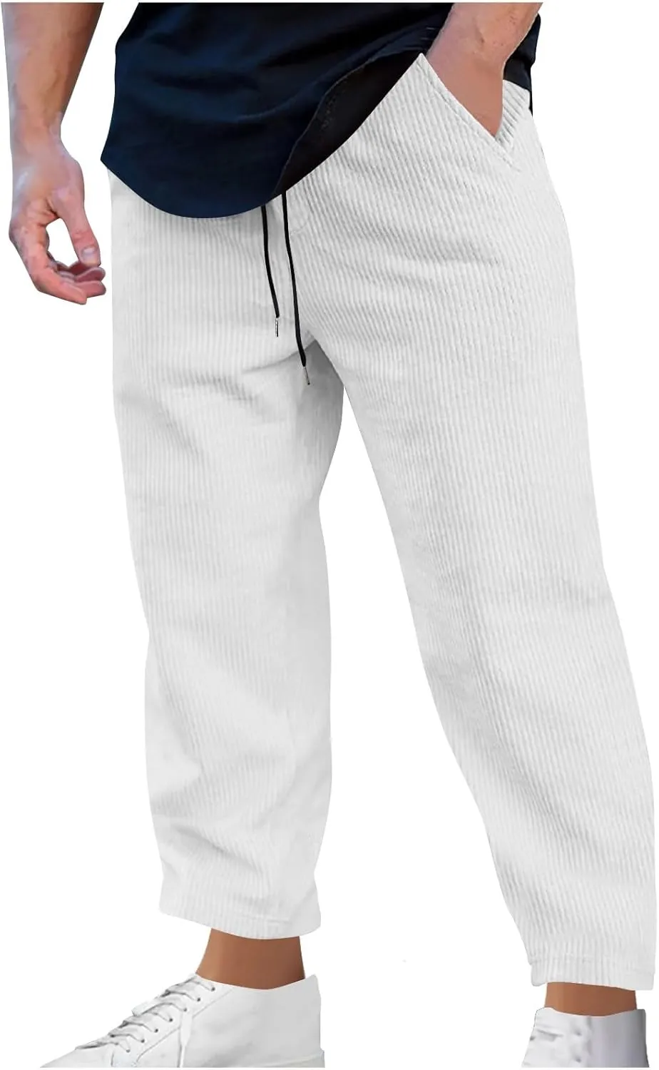 Men's Corduroy Pants Lightweight Casual Loose Drawstring Elastic Waist Straight Wide Leg Trousers with Pockets
