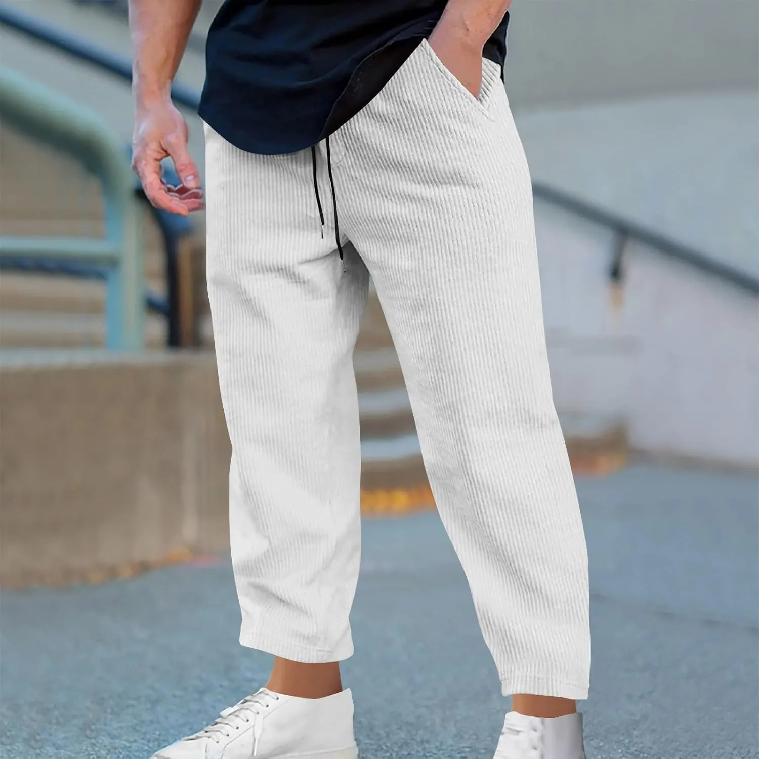 Men's Corduroy Pants Lightweight Casual Loose Drawstring Elastic Waist Straight Wide Leg Trousers with Pockets