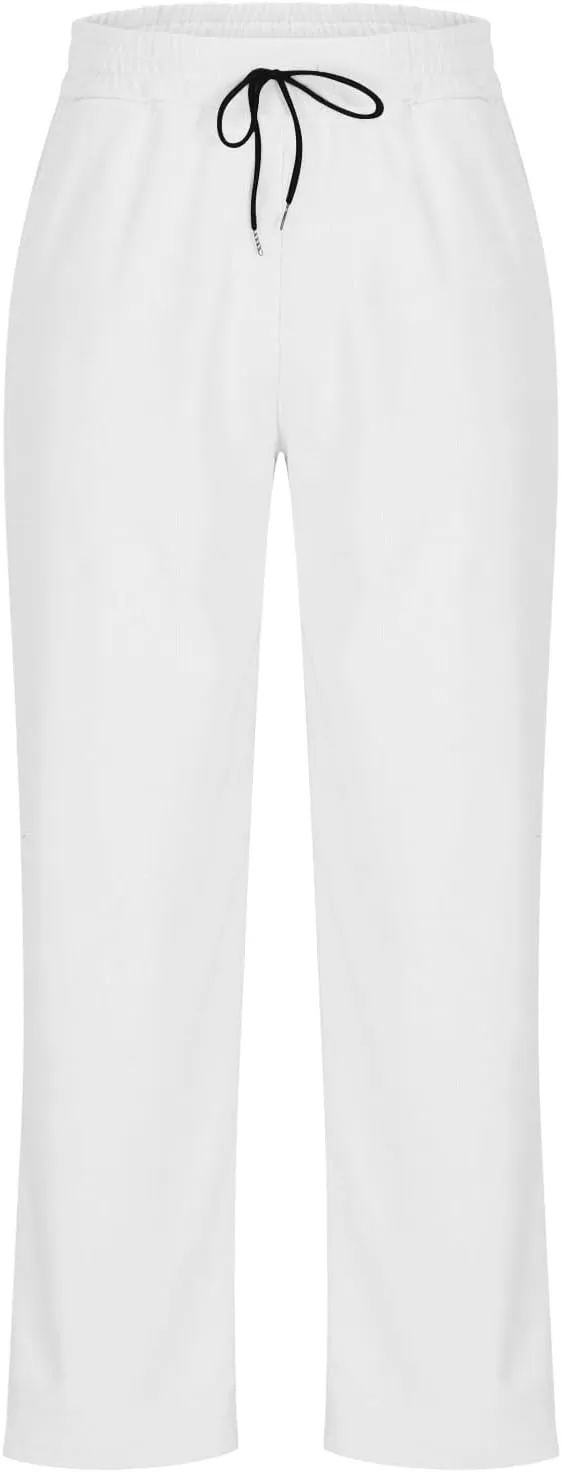Men's Corduroy Pants Lightweight Casual Loose Drawstring Elastic Waist Straight Wide Leg Trousers with Pockets