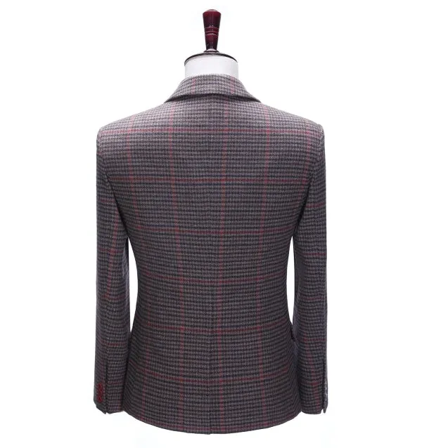 Men's Formal Coffee Plaid Notch Lapel Blazer Business Tweed Jacket