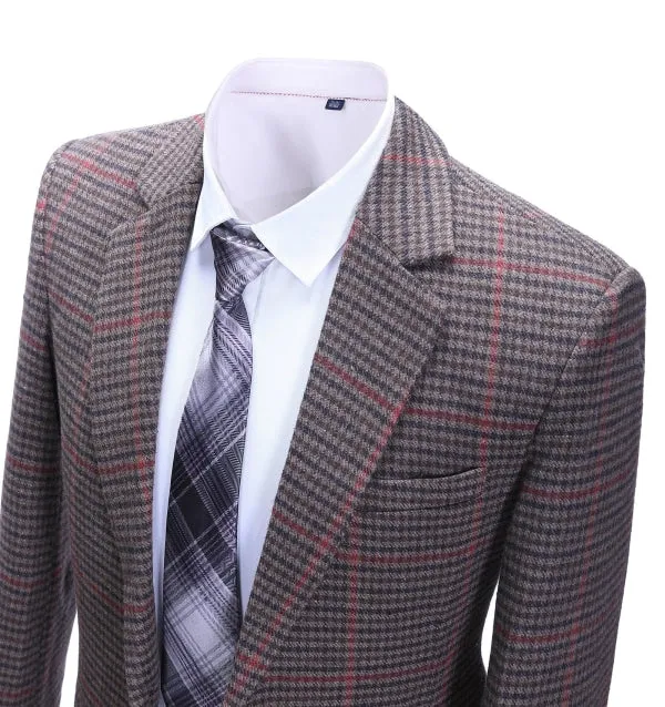 Men's Formal Coffee Plaid Notch Lapel Blazer Business Tweed Jacket
