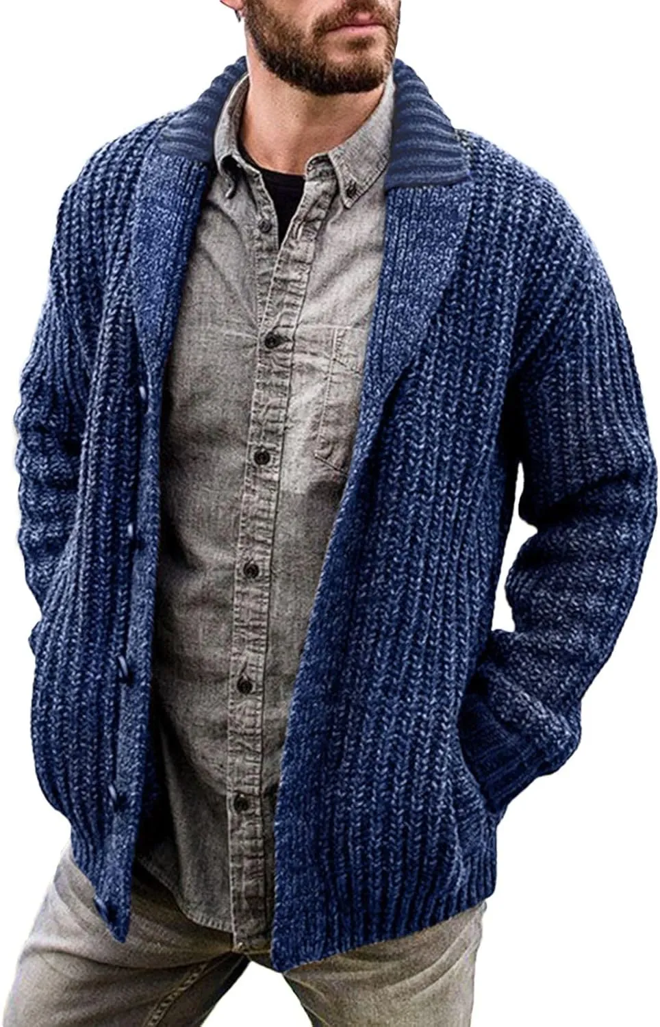 Mens Knit Cardigan Casual Loose Fit Fall Winter Coat Shawl Collar Button Down Long Sleeve Soft Warm Sweaters
