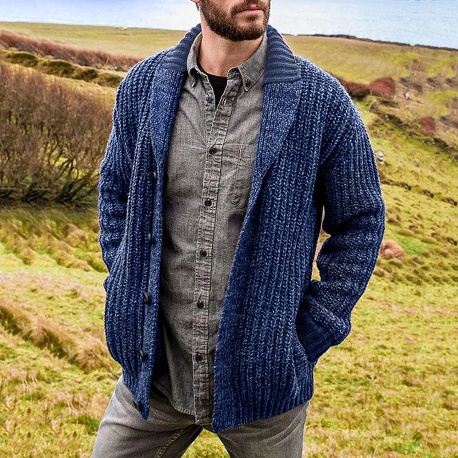 Mens Knit Cardigan Casual Loose Fit Fall Winter Coat Shawl Collar Button Down Long Sleeve Soft Warm Sweaters
