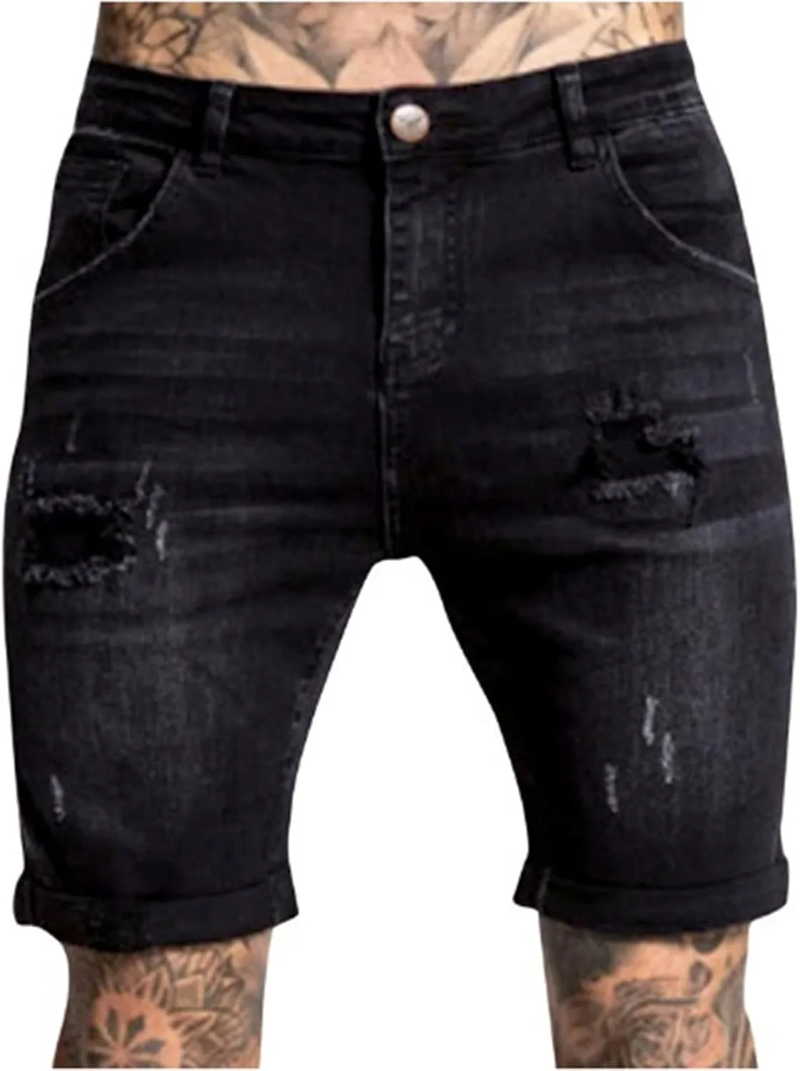 Men's Ripped Jeans Trunks Stretchy Washed Jeans Trunks Cut-Off Classic Fit Casual Jeans Shorts