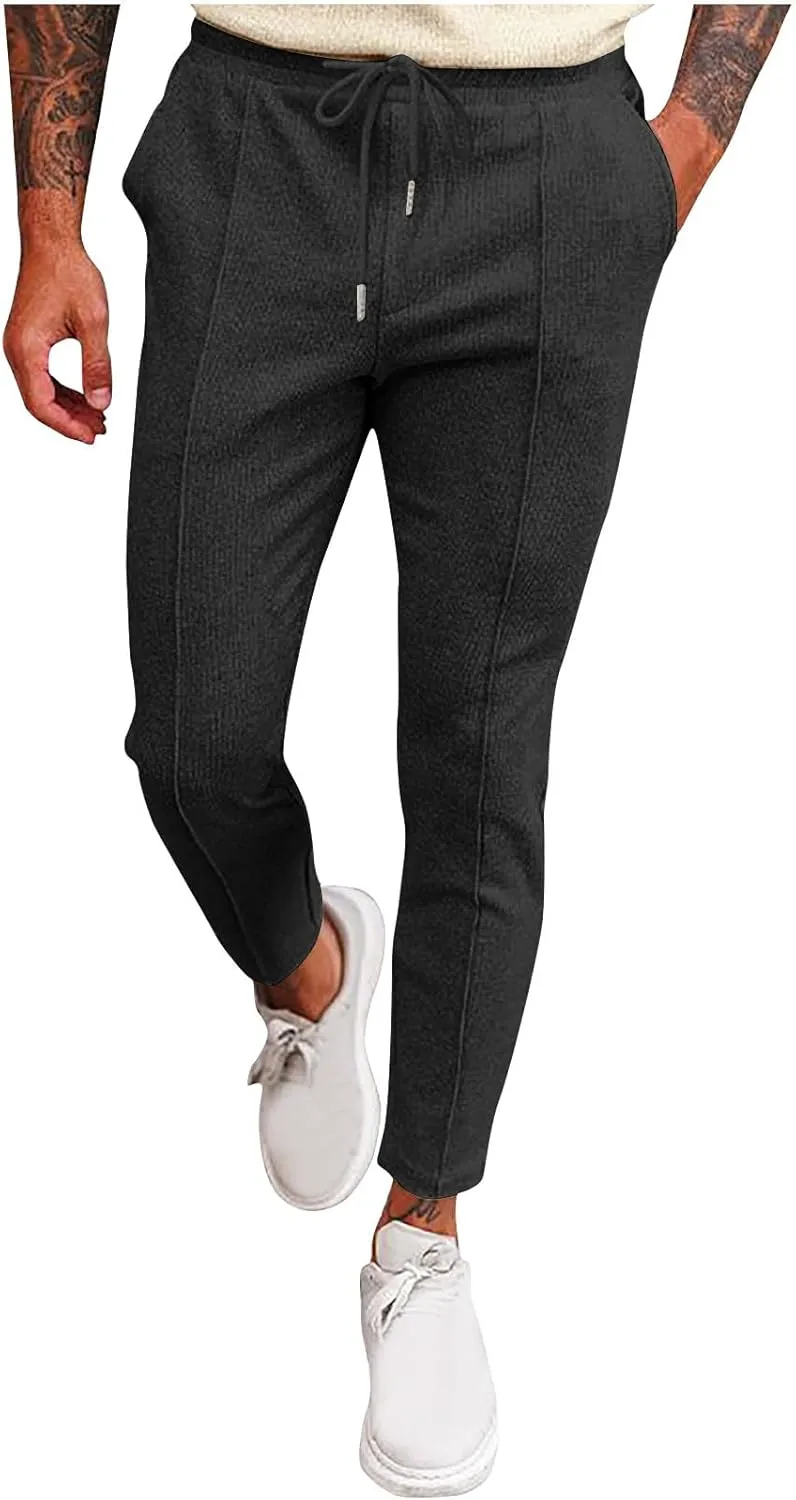 Men's Smart Rugby Trousers Waffle Pants Stretch Chinos Casual Elastic Waist Sweatpants Business Office Work Home Pants