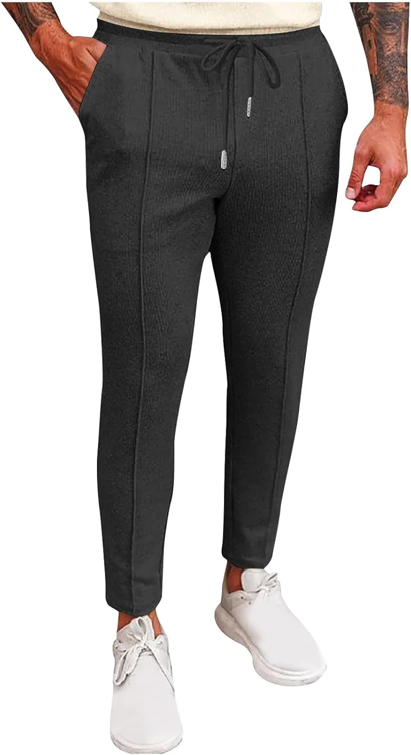 Men's Smart Rugby Trousers Waffle Pants Stretch Chinos Casual Elastic Waist Sweatpants Business Office Work Home Pants