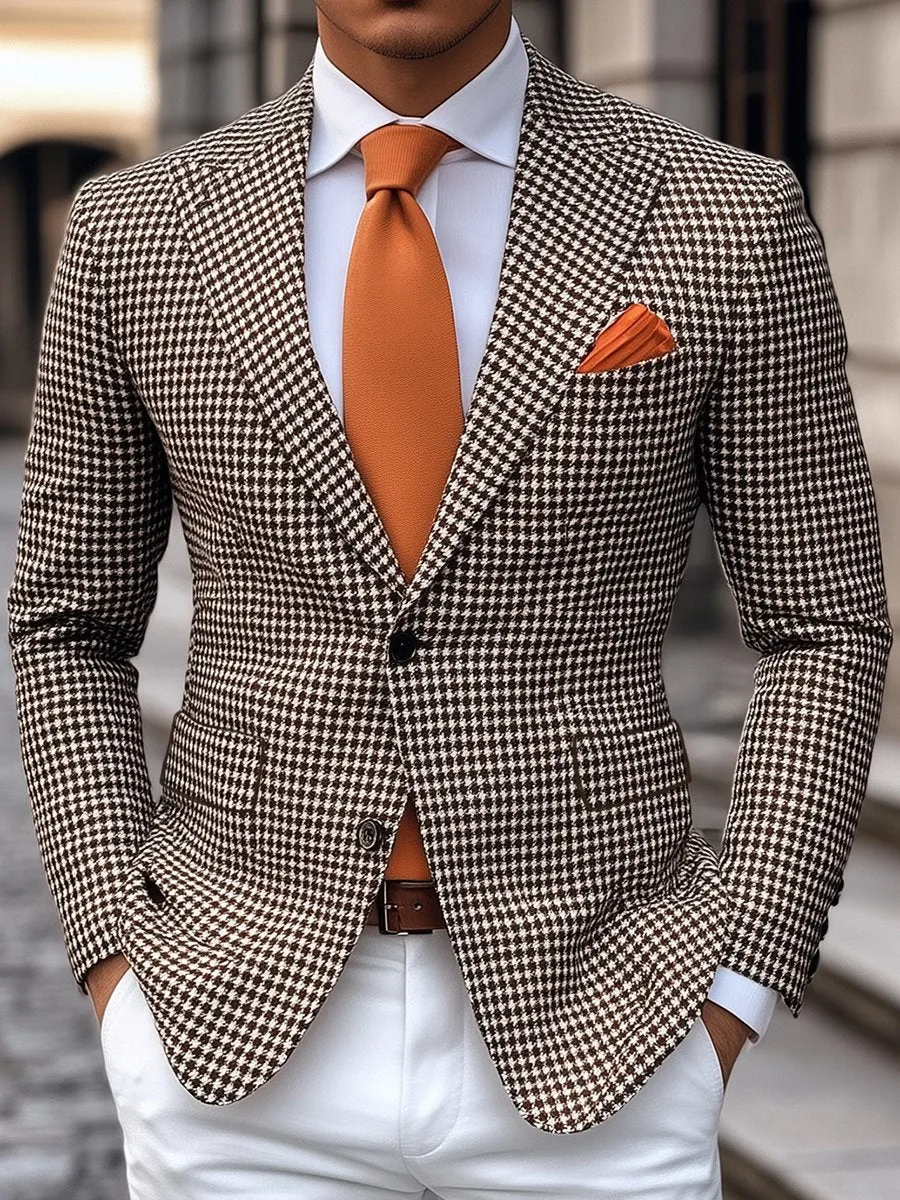 Men's Vintage Houndstooth Print 3 Pocket Single Breasted Blazer